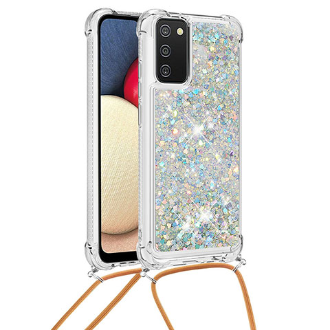 Custodia Silicone Cover Morbida Bling-Bling con Cinghia Cordino Mano S03 per Samsung Galaxy A02s Argento