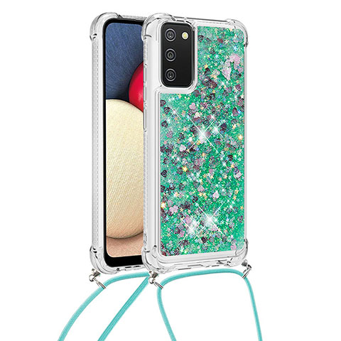 Custodia Silicone Cover Morbida Bling-Bling con Cinghia Cordino Mano S03 per Samsung Galaxy A02s Verde