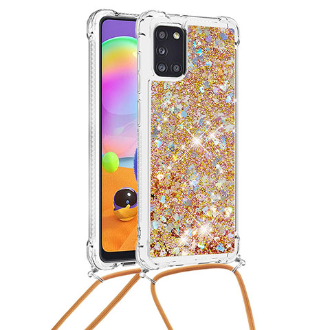 Custodia Silicone Cover Morbida Bling-Bling con Cinghia Cordino Mano S03 per Samsung Galaxy A31 Oro