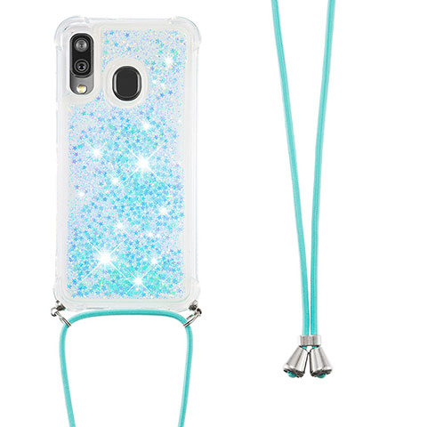 Custodia Silicone Cover Morbida Bling-Bling con Cinghia Cordino Mano S03 per Samsung Galaxy A40 Cielo Blu