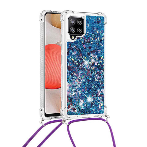 Custodia Silicone Cover Morbida Bling-Bling con Cinghia Cordino Mano S03 per Samsung Galaxy A42 5G Blu