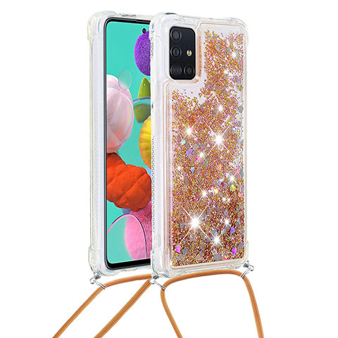 Custodia Silicone Cover Morbida Bling-Bling con Cinghia Cordino Mano S03 per Samsung Galaxy A51 5G Oro