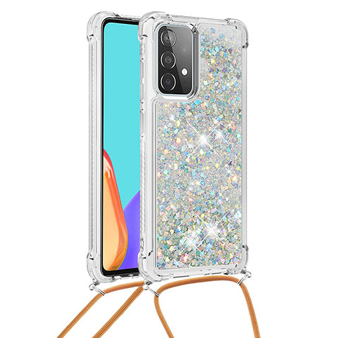 Custodia Silicone Cover Morbida Bling-Bling con Cinghia Cordino Mano S03 per Samsung Galaxy A52s 5G Argento