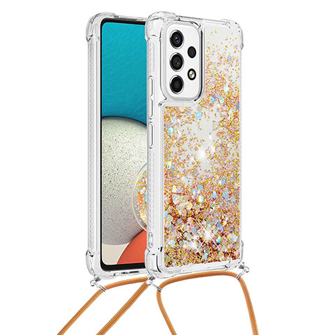 Custodia Silicone Cover Morbida Bling-Bling con Cinghia Cordino Mano S03 per Samsung Galaxy A53 5G Oro