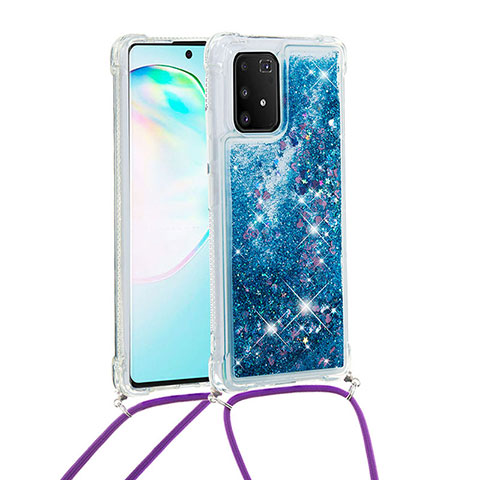 Custodia Silicone Cover Morbida Bling-Bling con Cinghia Cordino Mano S03 per Samsung Galaxy A91 Blu