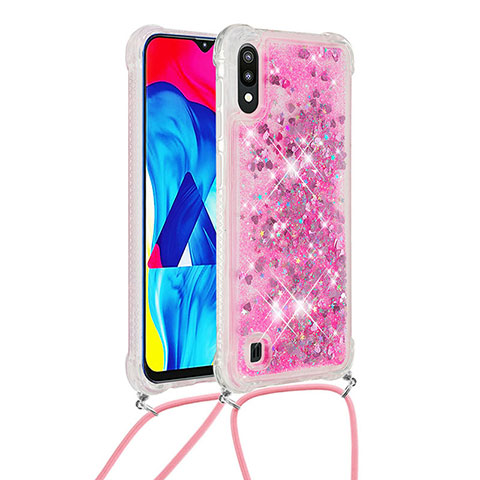 Custodia Silicone Cover Morbida Bling-Bling con Cinghia Cordino Mano S03 per Samsung Galaxy M10 Rosa Caldo