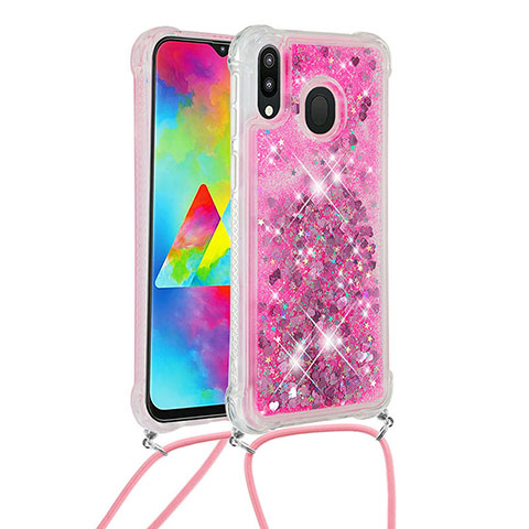 Custodia Silicone Cover Morbida Bling-Bling con Cinghia Cordino Mano S03 per Samsung Galaxy M20 Rosa Caldo