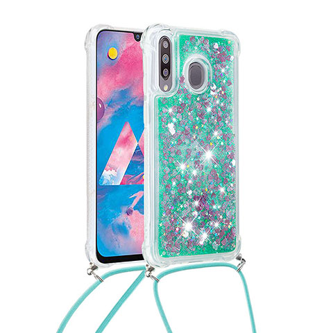 Custodia Silicone Cover Morbida Bling-Bling con Cinghia Cordino Mano S03 per Samsung Galaxy M30 Verde