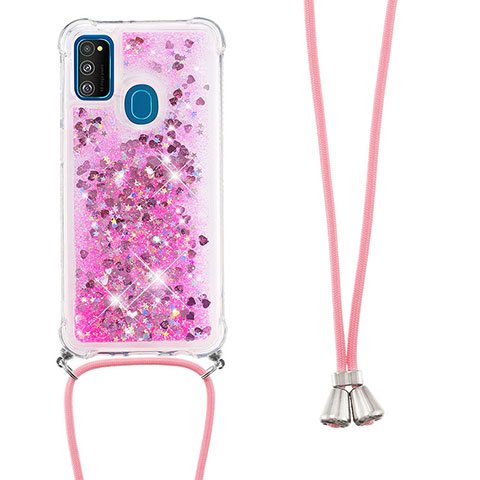 Custodia Silicone Cover Morbida Bling-Bling con Cinghia Cordino Mano S03 per Samsung Galaxy M30s Rosa Caldo