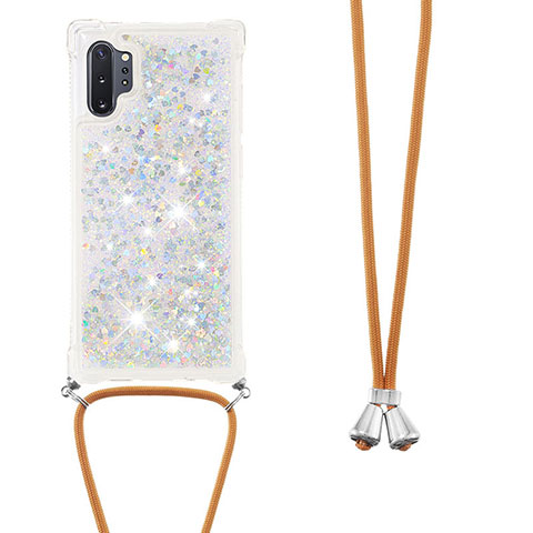 Custodia Silicone Cover Morbida Bling-Bling con Cinghia Cordino Mano S03 per Samsung Galaxy Note 10 Plus 5G Argento