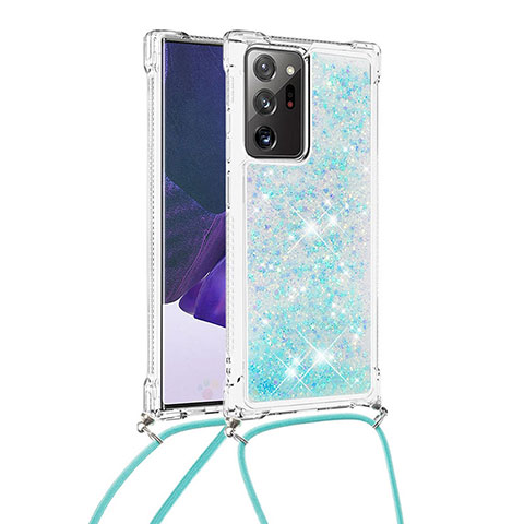 Custodia Silicone Cover Morbida Bling-Bling con Cinghia Cordino Mano S03 per Samsung Galaxy Note 20 Ultra 5G Cielo Blu