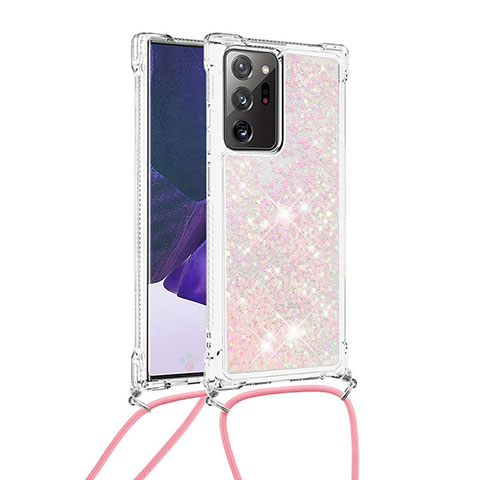 Custodia Silicone Cover Morbida Bling-Bling con Cinghia Cordino Mano S03 per Samsung Galaxy Note 20 Ultra 5G Rosa