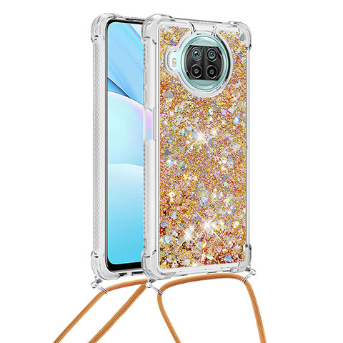 Custodia Silicone Cover Morbida Bling-Bling con Cinghia Cordino Mano S03 per Xiaomi Mi 10T Lite 5G Oro
