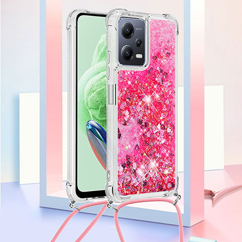 Custodia Silicone Cover Morbida Bling-Bling con Cinghia Cordino Mano S03 per Xiaomi Redmi Note 12 5G Rosa Caldo