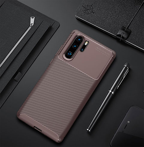 Custodia Silicone Cover Morbida Spigato per Huawei P30 Pro Marrone