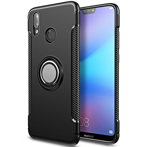 Custodia Silicone e Plastica Opaca con Anello Supporto per Huawei P20 Lite Nero