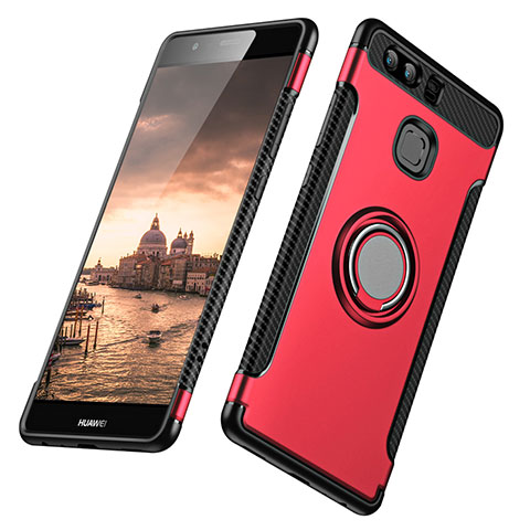 Custodia Silicone e Plastica Opaca con Anello Supporto per Huawei P9 Plus Rosso