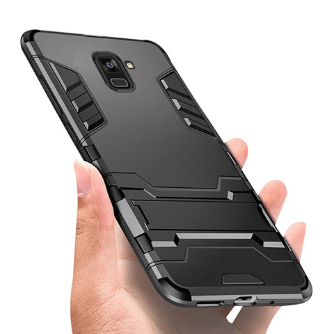 Custodia Silicone e Plastica Opaca con Supporto W01 per Samsung Galaxy A8+ A8 Plus (2018) A730F Nero