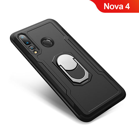 Custodia Silicone e Plastica Opaca Cover con Anello Supporto A01 per Huawei Nova 4 Nero