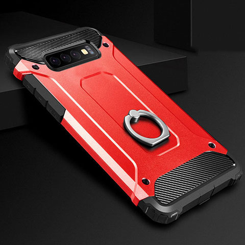 Custodia Silicone e Plastica Opaca Cover con Anello Supporto H01 per Samsung Galaxy S10 Plus Rosso