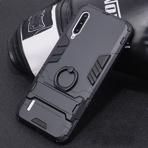 Custodia Silicone e Plastica Opaca Cover con Anello Supporto H01 per Xiaomi Mi A3 Nero