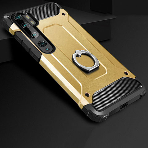 Custodia Silicone e Plastica Opaca Cover con Anello Supporto H01 per Xiaomi Mi Note 10 Oro