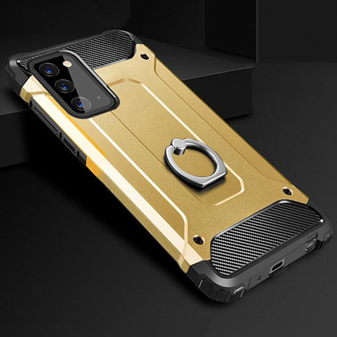 Custodia Silicone e Plastica Opaca Cover con Anello Supporto N01 per Samsung Galaxy Note 20 5G Oro