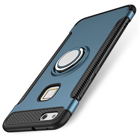 Custodia Silicone e Plastica Opaca Cover con Anello Supporto per Huawei P10 Lite Blu