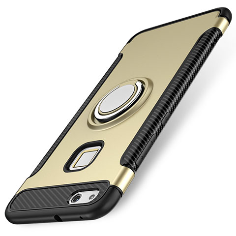 Custodia Silicone e Plastica Opaca Cover con Anello Supporto per Huawei P10 Lite Oro