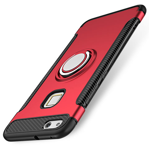 Custodia Silicone e Plastica Opaca Cover con Anello Supporto per Huawei P10 Lite Rosso