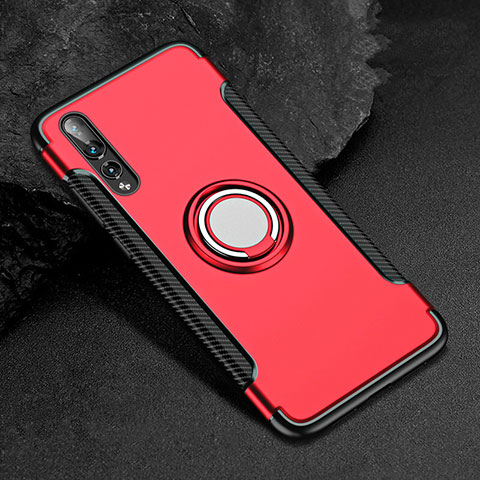 Custodia Silicone e Plastica Opaca Cover con Anello Supporto per Huawei P20 Pro Rosso