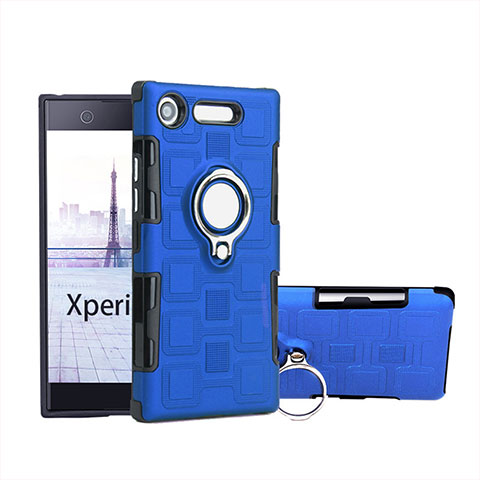 Custodia Silicone e Plastica Opaca Cover con Anello Supporto per Sony Xperia XZ1 Compact Blu