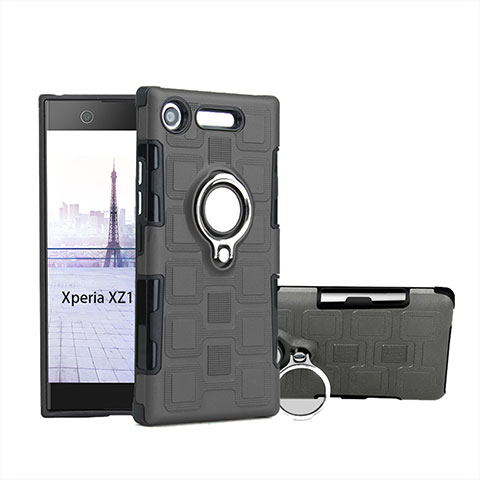 Custodia Silicone e Plastica Opaca Cover con Anello Supporto per Sony Xperia XZ1 Compact Grigio