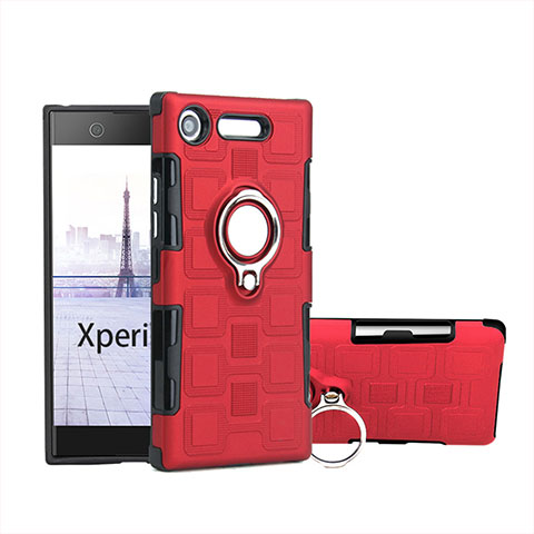 Custodia Silicone e Plastica Opaca Cover con Anello Supporto per Sony Xperia XZ1 Compact Rosso