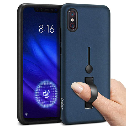 Custodia Silicone e Plastica Opaca Cover con Anello Supporto per Xiaomi Mi 8 Pro Global Version Blu