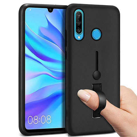 Custodia Silicone e Plastica Opaca Cover con Anello Supporto S04 per Huawei P30 Lite Nero