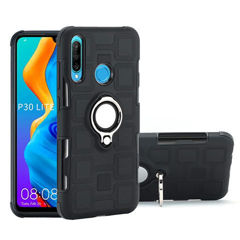 Custodia Silicone e Plastica Opaca Cover con Magnetico Anello Supporto A01 per Huawei P30 Lite New Edition Nero