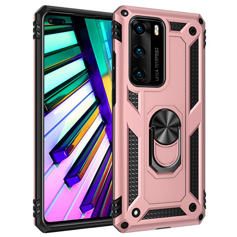 Custodia Silicone e Plastica Opaca Cover con Magnetico Anello Supporto C01 per Huawei P40 Oro Rosa