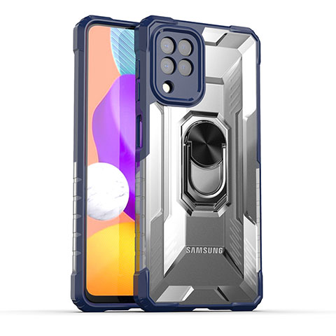 Custodia Silicone e Plastica Opaca Cover con Magnetico Anello Supporto J02S per Samsung Galaxy M22 4G Blu