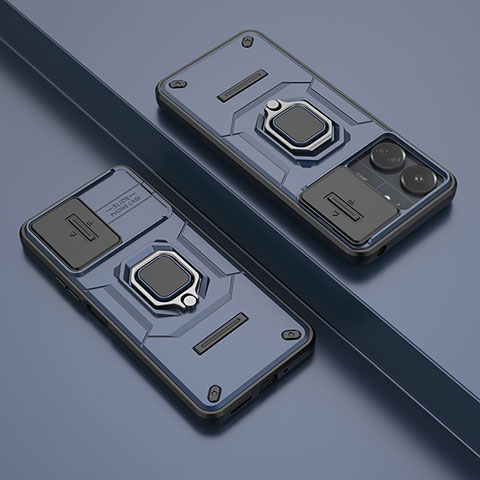 Custodia Silicone e Plastica Opaca Cover con Magnetico Anello Supporto K1C per Xiaomi Poco C65 Blu