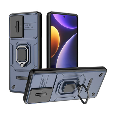 Custodia Silicone e Plastica Opaca Cover con Magnetico Anello Supporto K1C per Xiaomi Poco F5 5G Blu