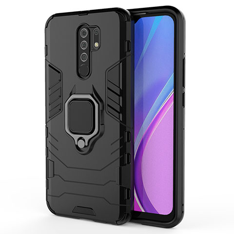 Custodia Silicone e Plastica Opaca Cover con Magnetico Anello Supporto KC2 per Xiaomi Redmi 9 Prime India Nero