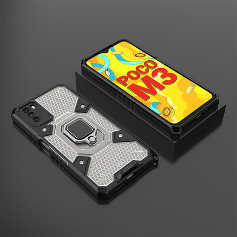 Custodia Silicone e Plastica Opaca Cover con Magnetico Anello Supporto KC3 per Xiaomi Poco M3 Nero