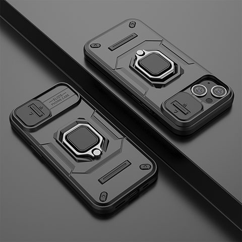 Custodia Silicone e Plastica Opaca Cover con Magnetico Anello Supporto KC4 per Apple iPhone 13 Nero