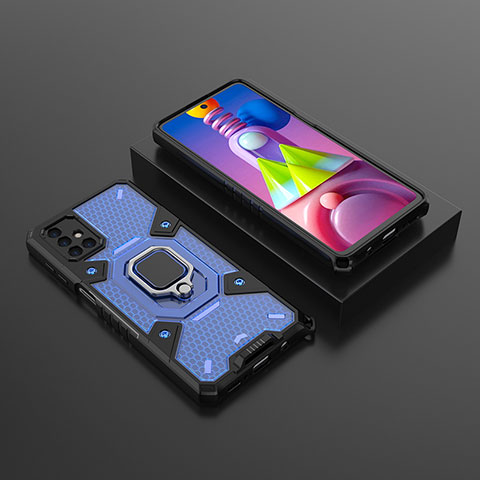 Custodia Silicone e Plastica Opaca Cover con Magnetico Anello Supporto KC7 per Samsung Galaxy M51 Blu