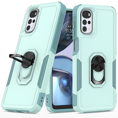 Custodia Silicone e Plastica Opaca Cover con Magnetico Anello Supporto MQ1 per Motorola Moto G22 Ciano