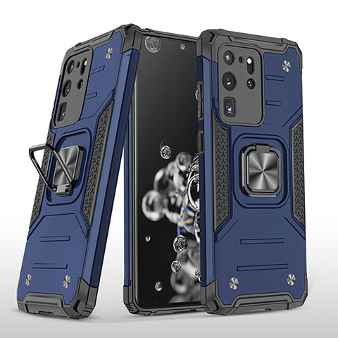 Custodia Silicone e Plastica Opaca Cover con Magnetico Anello Supporto MQ1 per Samsung Galaxy S20 Ultra 5G Blu