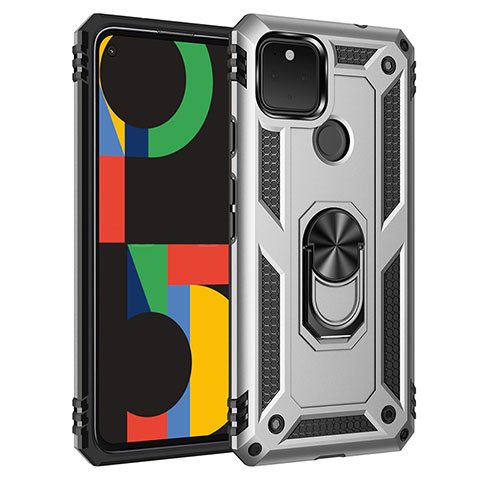 Custodia Silicone e Plastica Opaca Cover con Magnetico Anello Supporto MQ3 per Google Pixel 4a 5G Argento