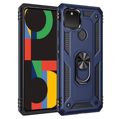 Custodia Silicone e Plastica Opaca Cover con Magnetico Anello Supporto MQ3 per Google Pixel 5 XL 5G Blu