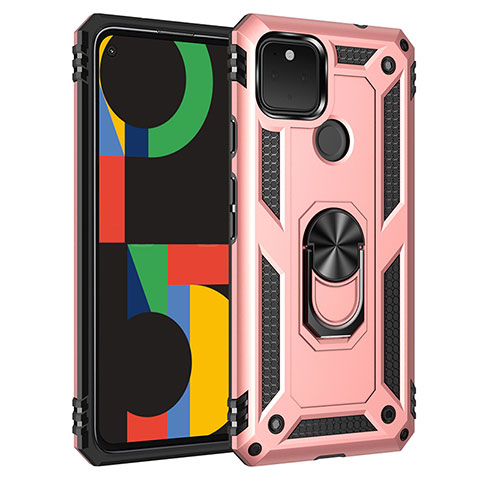 Custodia Silicone e Plastica Opaca Cover con Magnetico Anello Supporto MQ3 per Google Pixel 5 XL 5G Oro Rosa